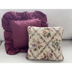 Vintage Small Pillow Set Jacquard Floral Maroon Ruffle Cottage Core Granny Core